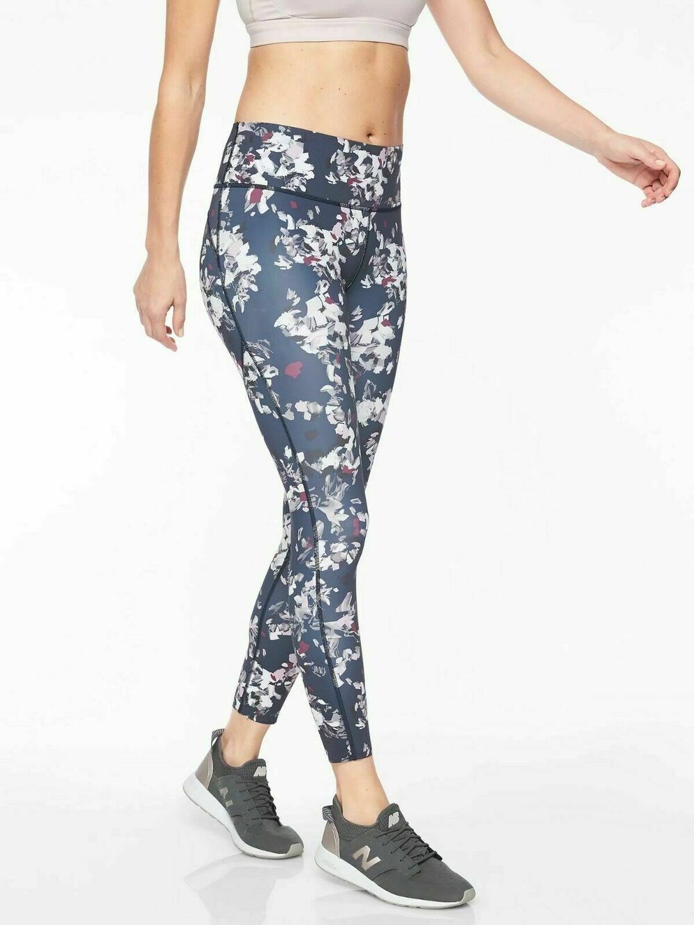 Athleta Challenge Bloom 7/8 Tights High Rise Leggings Blue White Floral Womens